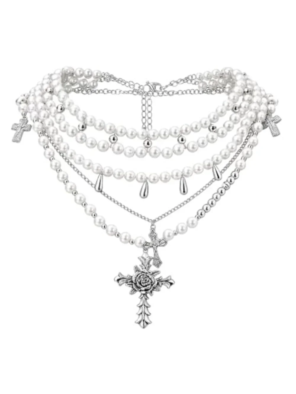 Layered Necklaces for Women Cross Pearl Chunky Stacked Necklace